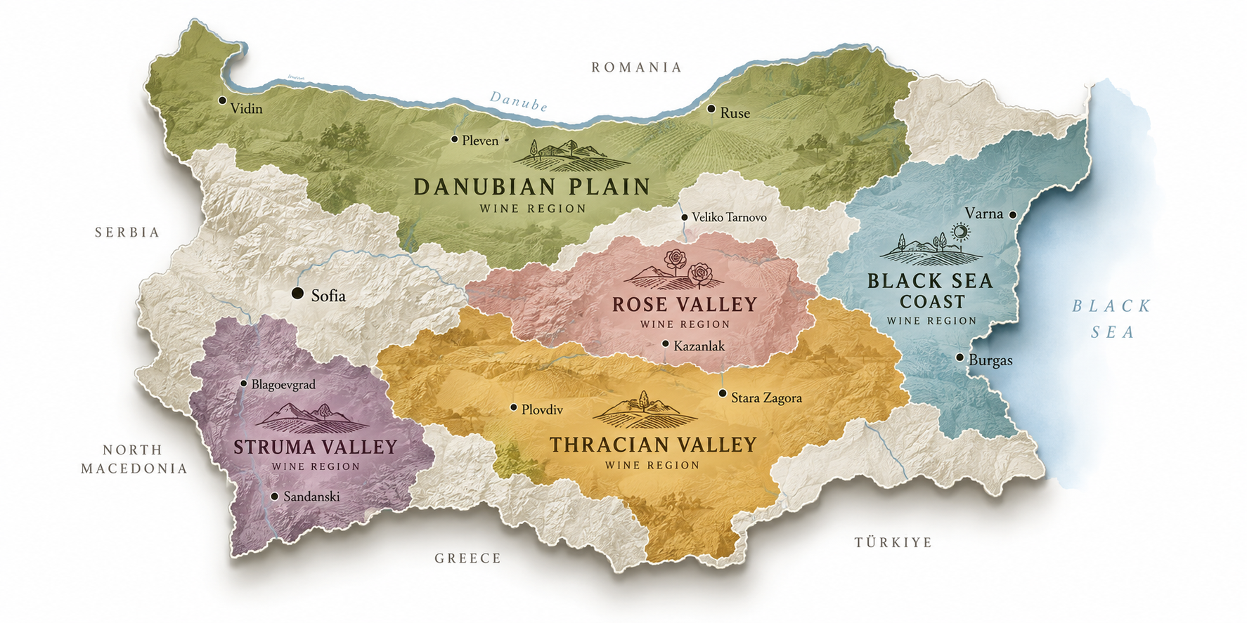 Map of Bulgaria's five wine regions