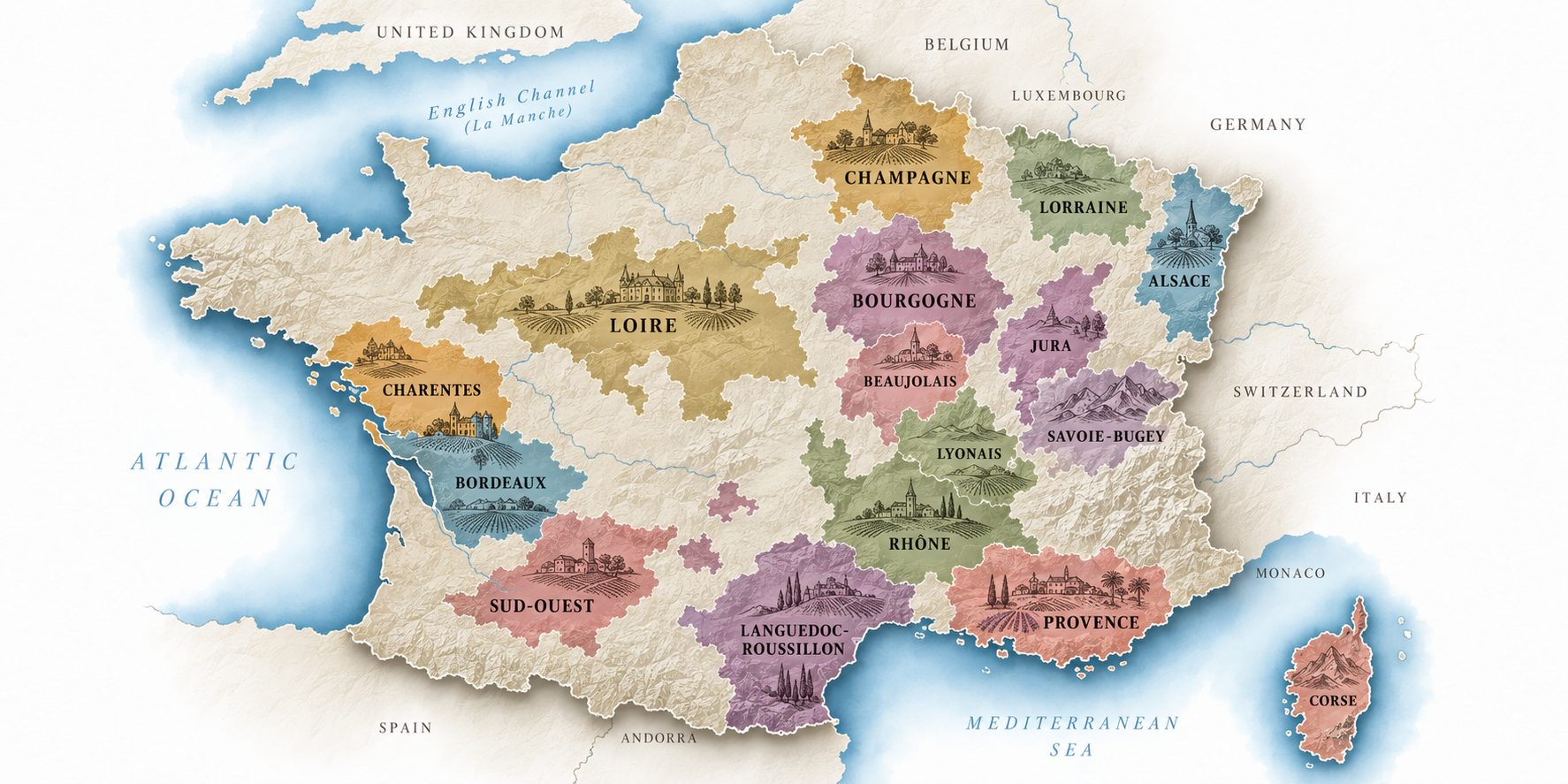illustrated map of the wine regions of france