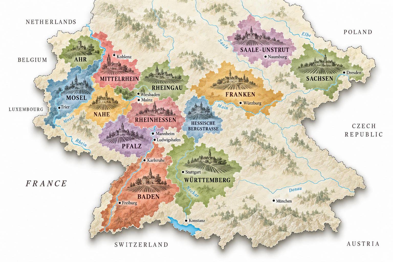 illustrated map of the wine regions of germany