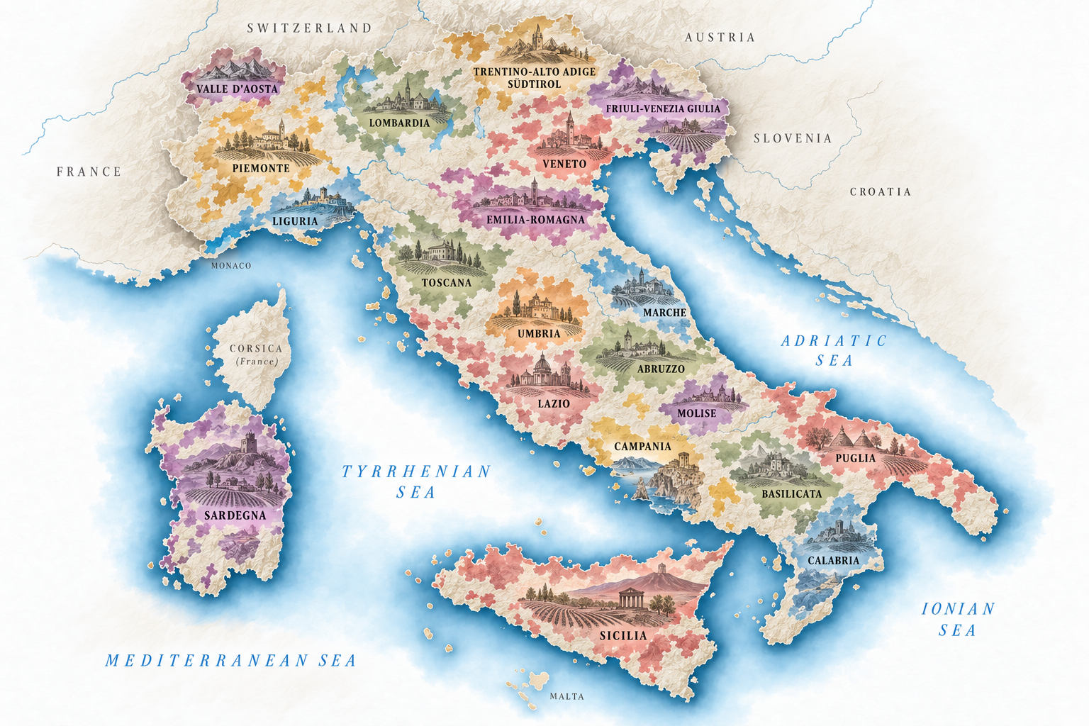 illustrated map of the wine regions of italy