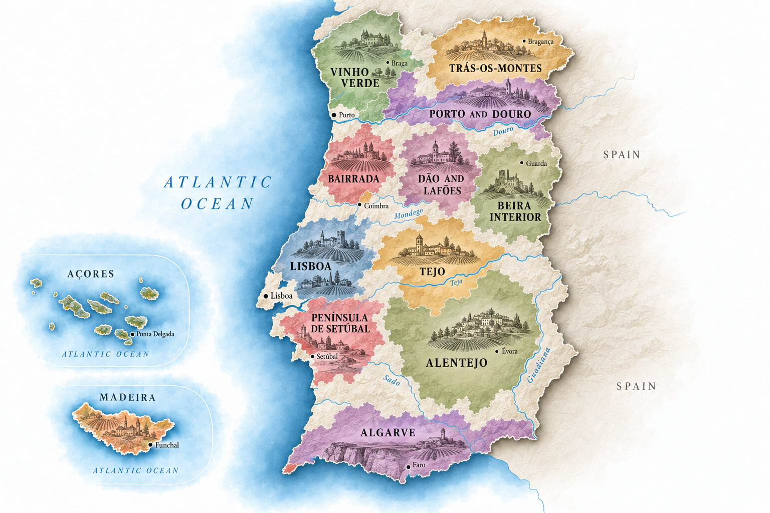 illustrated map of the wine regions of portugal
