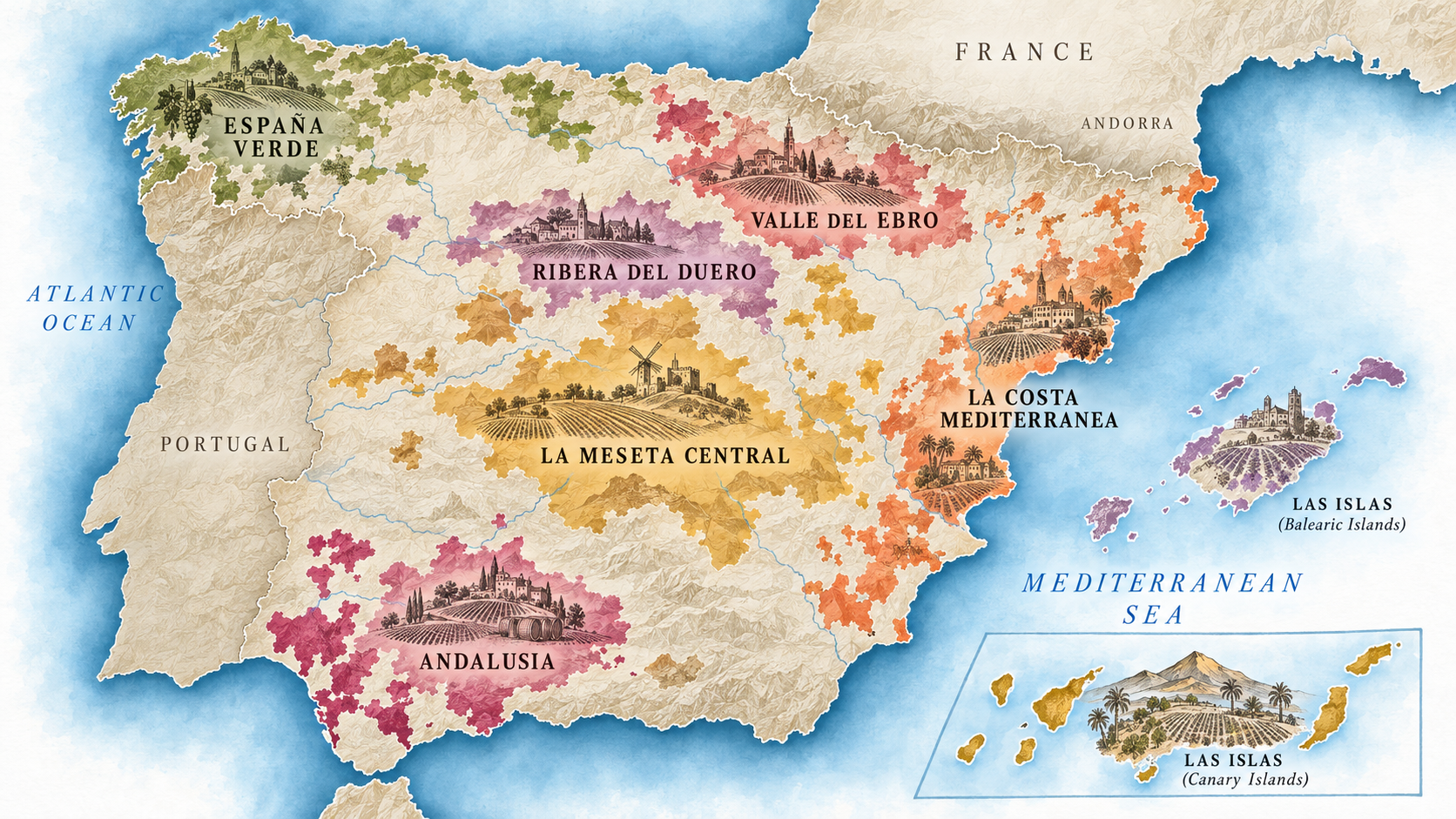 illustrated map of the wine regions of spain